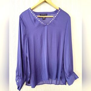JOAN VASS New York Silky Blue Blouse With Studded Accents Chic Sophisticated